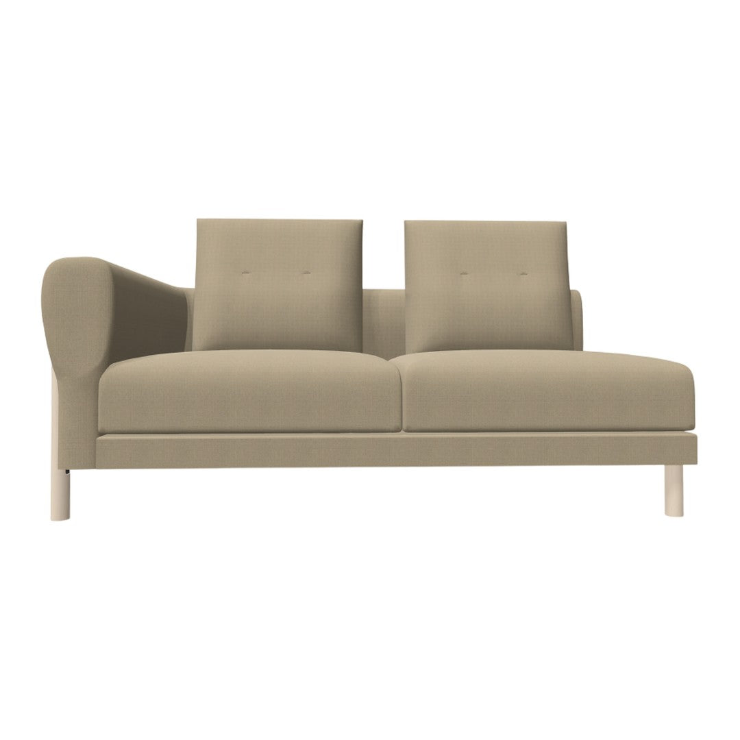 Beige fabric sofa with button-tufted cushions and sleek wooden legs in a minimalist design. Perfect for modern interiors.