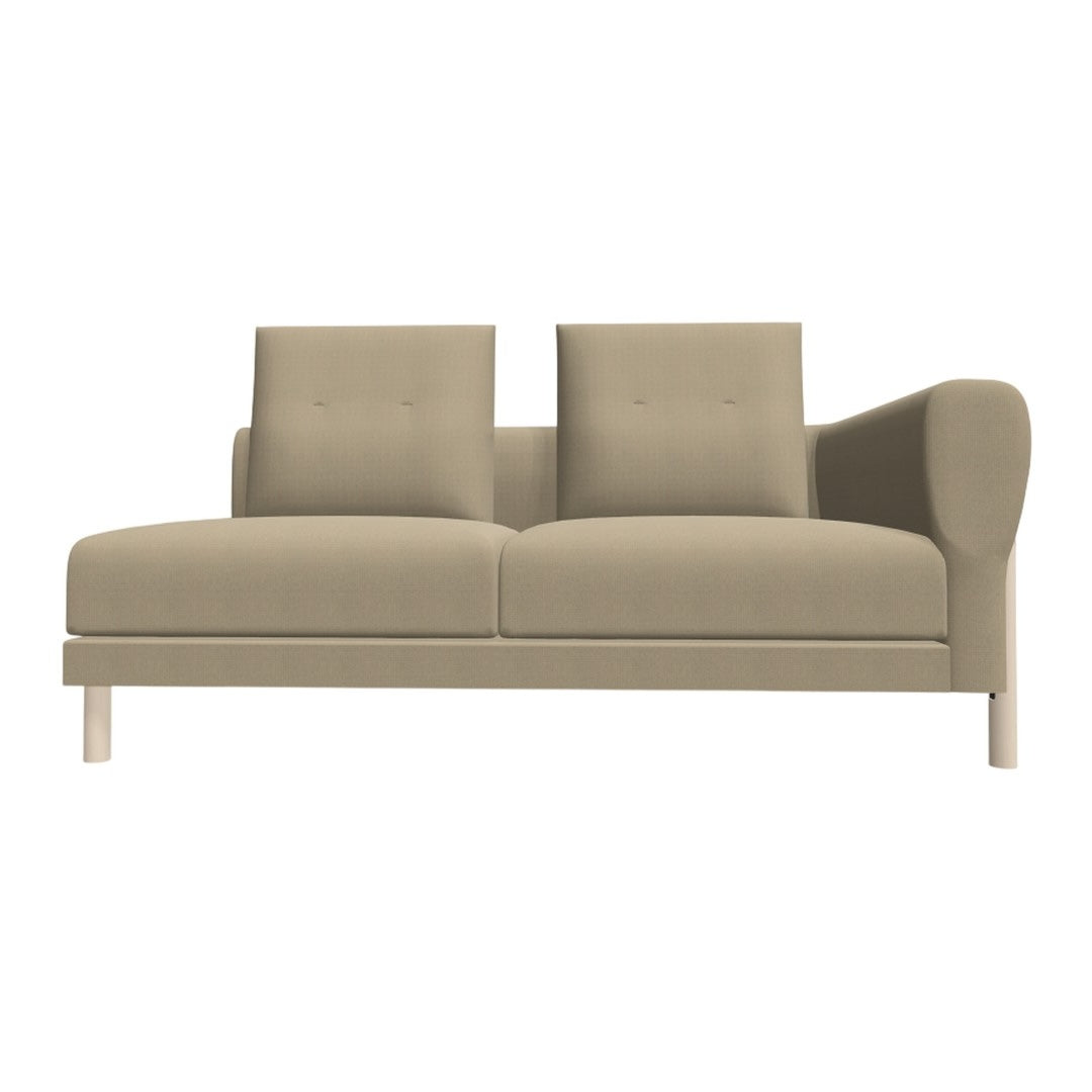 Beige upholstered sofa with simple button-tufting and a sleek, minimalist design, featuring a light wood frame.
