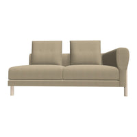 Beige upholstered sofa with simple button-tufting and a sleek, minimalist design, featuring a light wood frame.