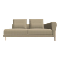 Beige modern sofa with smooth fabric and minimalistic design, featuring two back cushions and a wooden base.