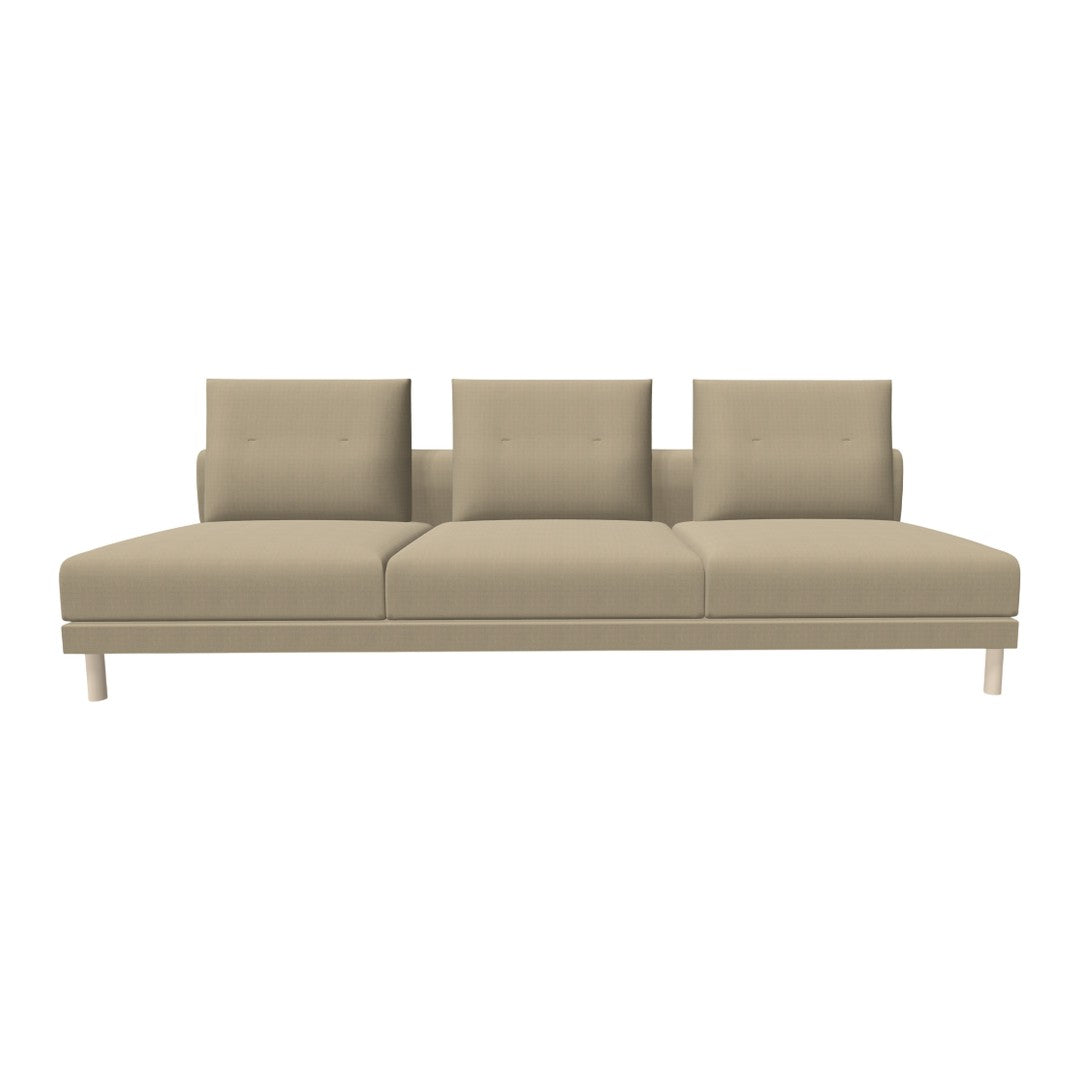 Beige upholstered sofa with a minimalist design and three back cushions, featuring a solid pattern and light wood legs.