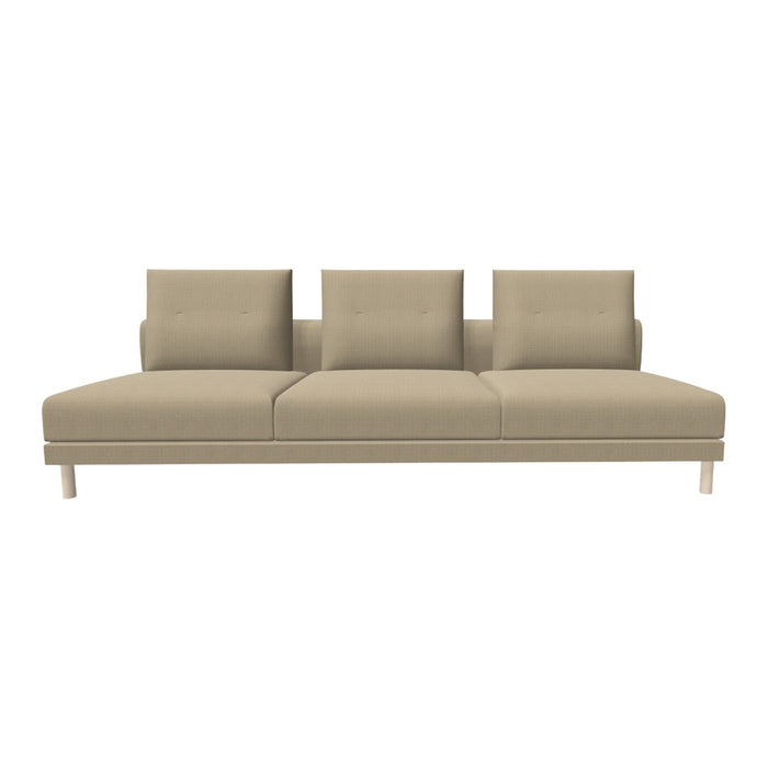 Beige upholstered sofa with a minimalist design and three back cushions, featuring a solid pattern and light wood legs.