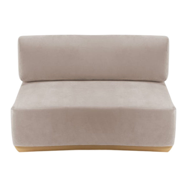 Light taupe velvet sofa with minimalist design and smooth, seamless cushions. Perfect for modern interiors.