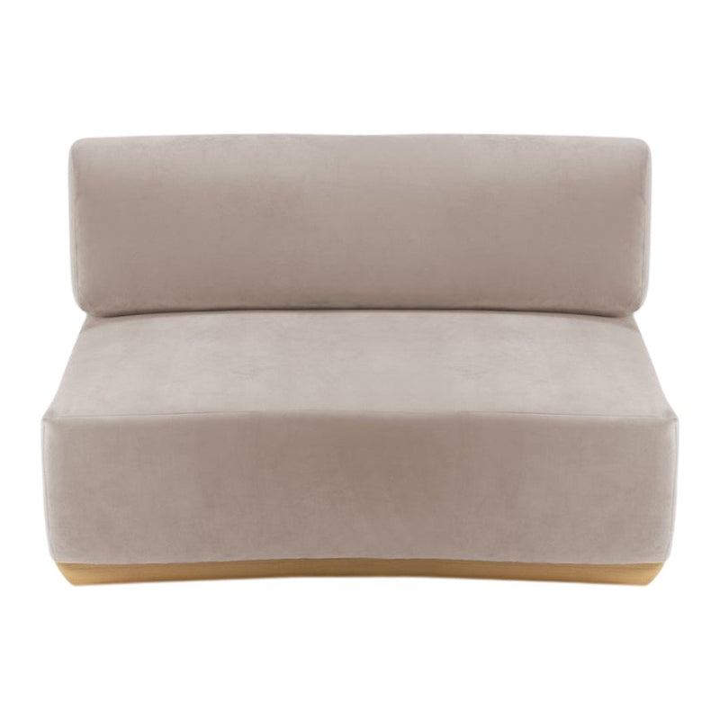 Light taupe velvet sofa with minimalist design and smooth, seamless cushions. Perfect for modern interiors.