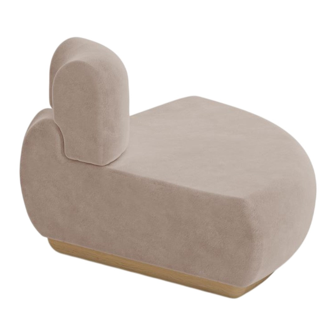 Beige upholstered chair with a smooth, rounded design and a light wooden base. Perfect for modern decor.