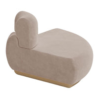 Beige upholstered chair with a smooth, rounded design and a light wooden base. Perfect for modern decor.