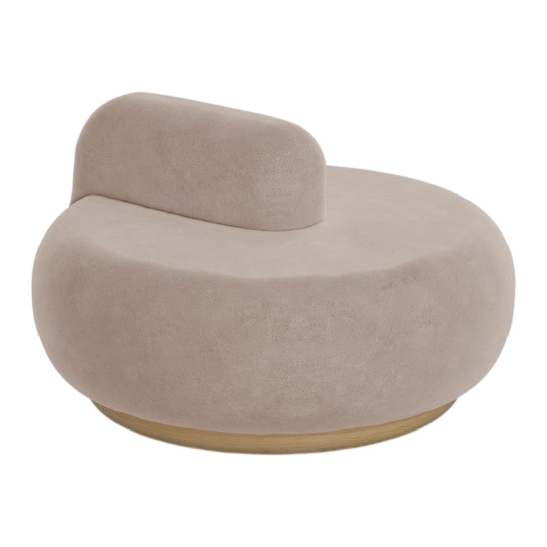 Round beige accent chair with a smooth, soft texture and a minimalist design. Elegant neutral tone with a wooden base.