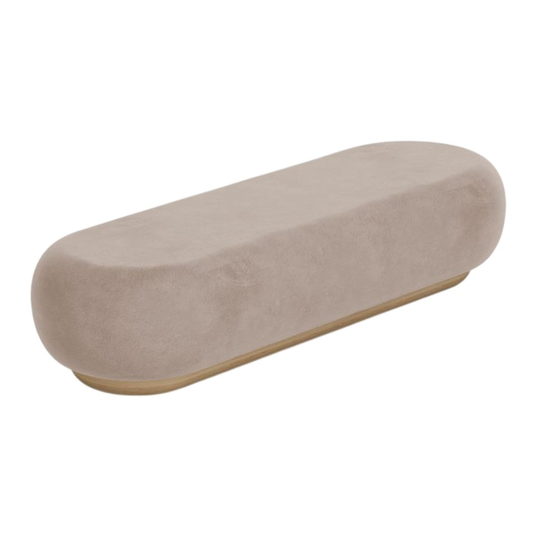 Beige upholstered bench with a sleek, rounded design and subtle texture, featuring a gold base for a modern touch.