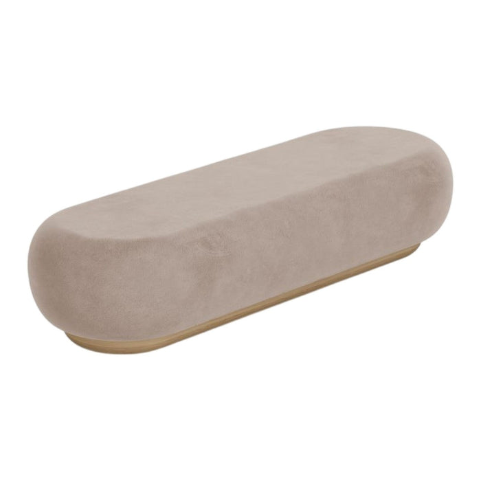 Beige upholstered bench with a sleek, rounded design and subtle texture, featuring a gold base for a modern touch.