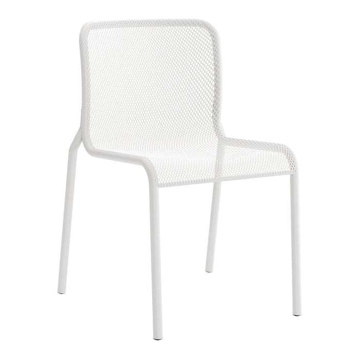 White mesh dining chair with a sleek design and minimalist style, ideal for modern indoor and outdoor settings.