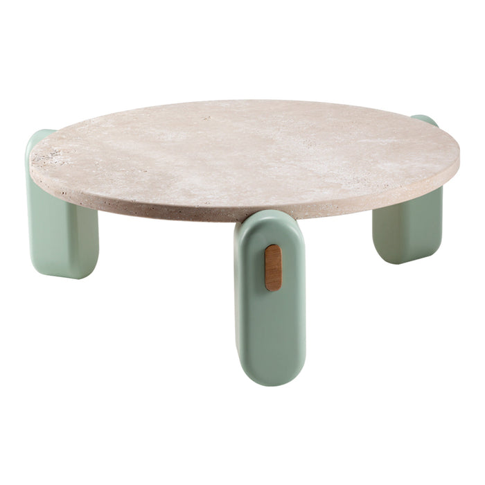 Round coffee table with a light beige top and mint green legs for a modern, stylish aesthetic.