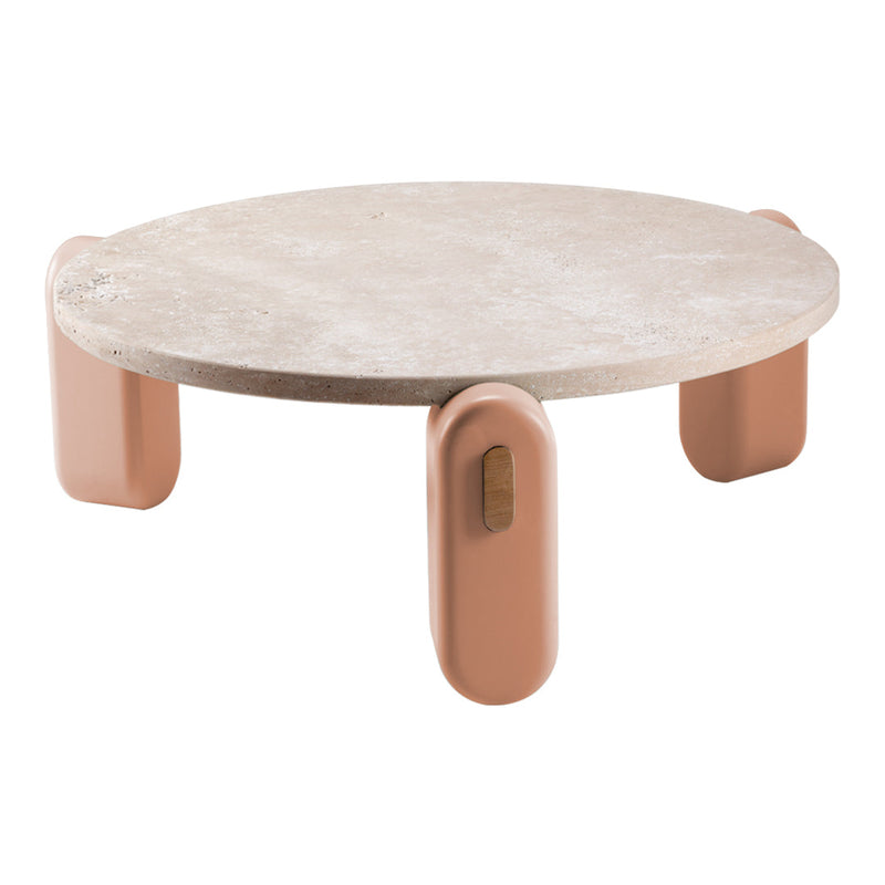 Round coffee table with a textured beige top and soft pink legs, featuring a minimalistic, modern design.