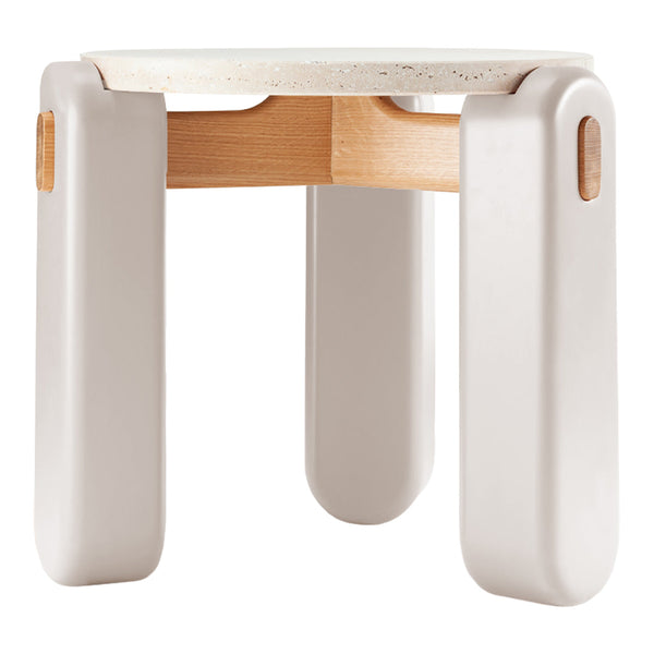 Light gray stool with smooth, rounded edges and a natural wood base, featuring a speckled white top.