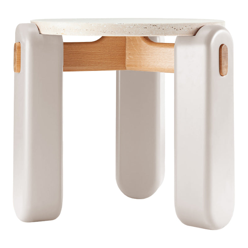 Light gray stool with smooth, rounded edges and a natural wood base, featuring a speckled white top.