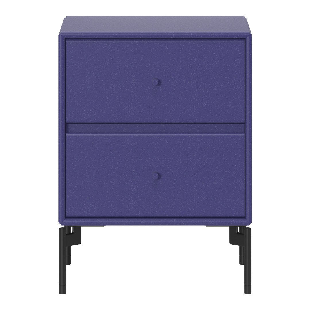 Vibrant purple nightstand with a textured finish and sleek black legs, featuring two drawers and minimalist design.
