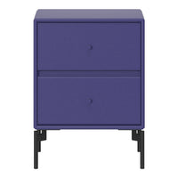 Vibrant purple nightstand with a textured finish and sleek black legs, featuring two drawers and minimalist design.
