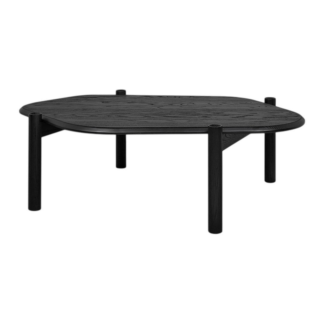 Matte black coffee table with a modern, geometric design and textured surface for contemporary decor.