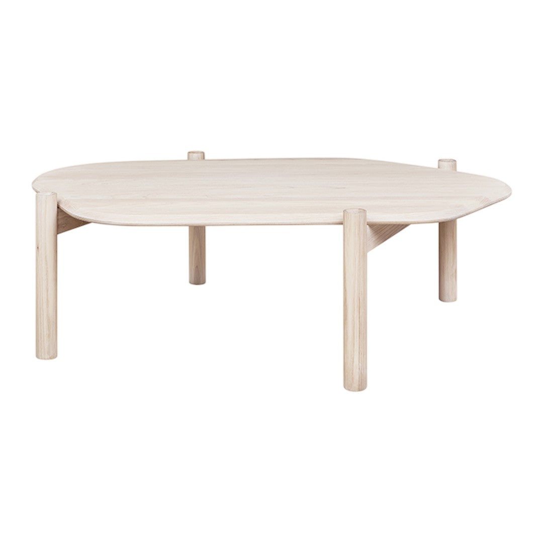 Light wooden coffee table with a minimalist design and soft, rounded edges, showcasing a natural finish.