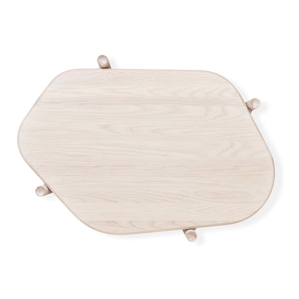 Light oak wooden tabletop with smooth, natural finish and unique organic shape, featuring minimalist rounded edges.