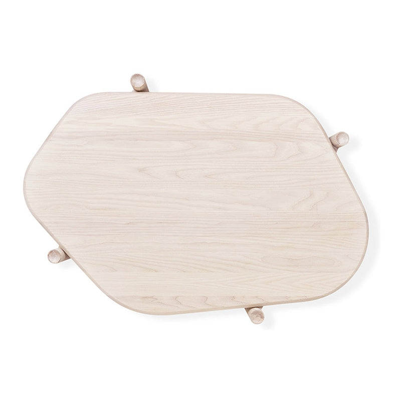 Light oak wooden tabletop with smooth, natural finish and unique organic shape, featuring minimalist rounded edges.