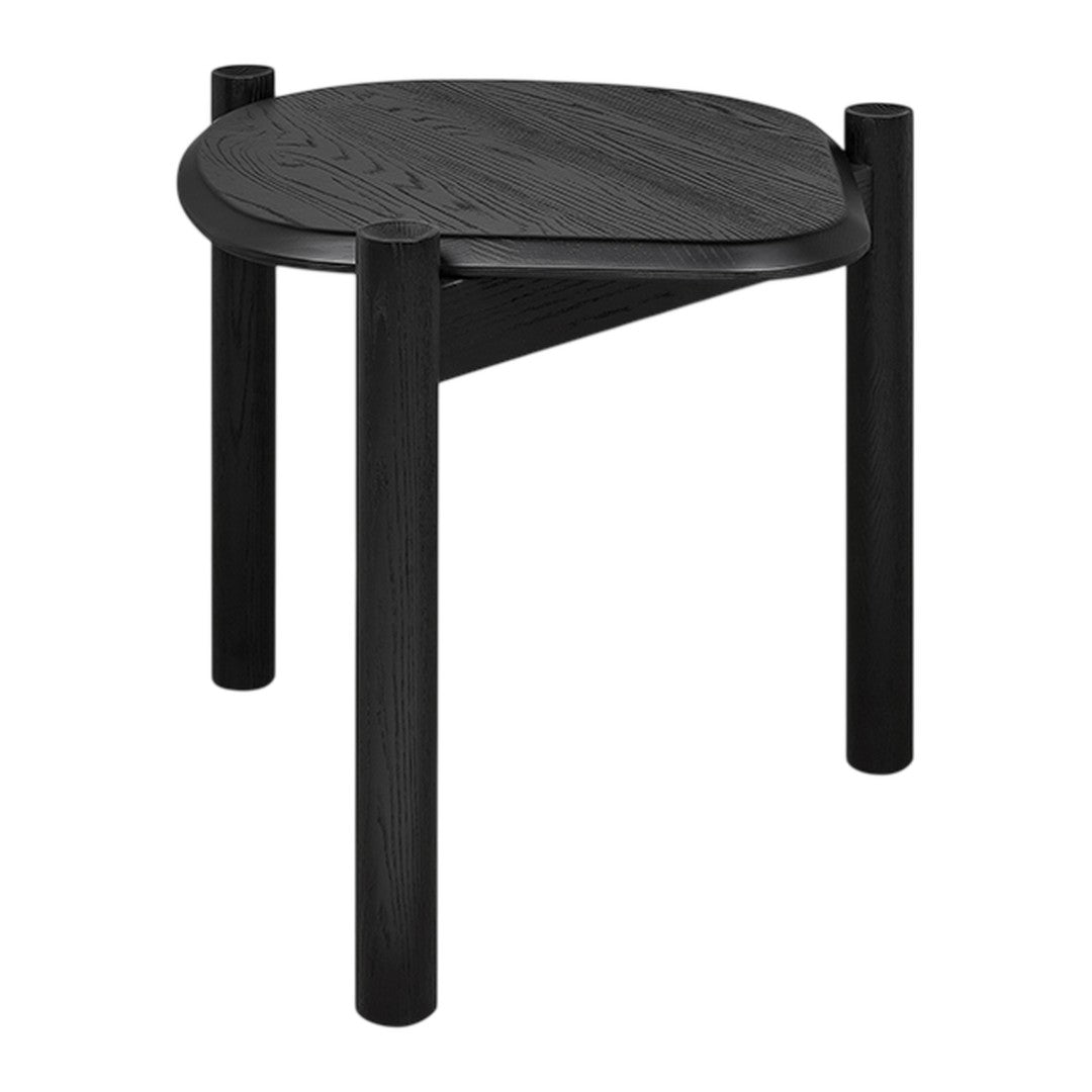 Black wooden side table with a unique triangular shape and smooth, textured surface.
