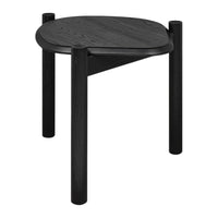 Black wooden side table with a unique triangular shape and smooth, textured surface.