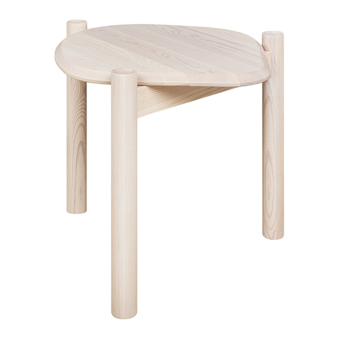 Light wood side table with a smooth, rounded top and minimalist design. Features natural grain patterns and pale finish.