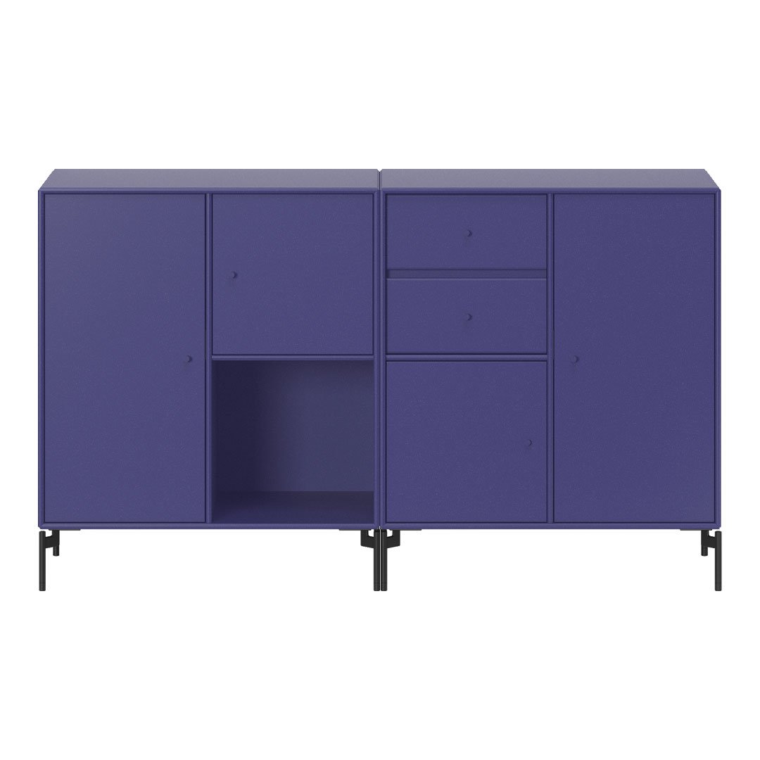 Modern purple cabinet with a matte finish, featuring sleek black legs and minimalist design elements.