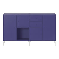 Modern purple cabinet featuring a sleek design with multiple compartments and silver legs for a contemporary look.