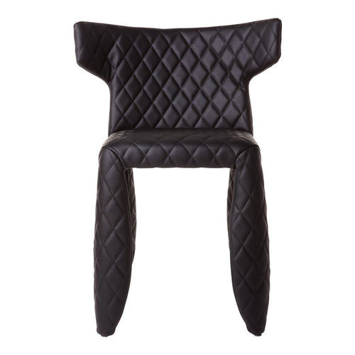 Black chair with a quilted diamond pattern and unique, curved legs for a modern touch.