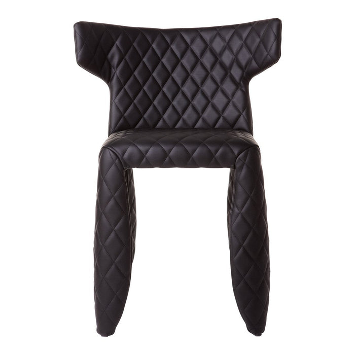 Black chair with a quilted diamond pattern and unique, curved legs for a modern touch.