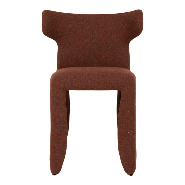 Brown upholstered chair with a minimalist design and smooth, rounded edges. Ideal for modern decor.