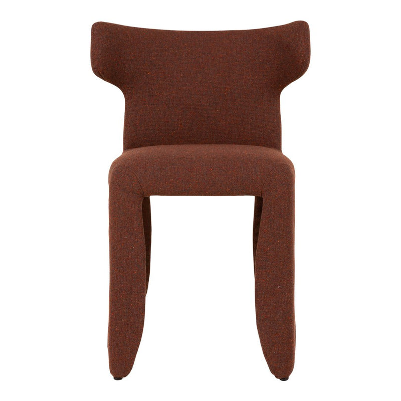 Brown upholstered chair with a minimalist design and smooth, rounded edges. Ideal for modern decor.