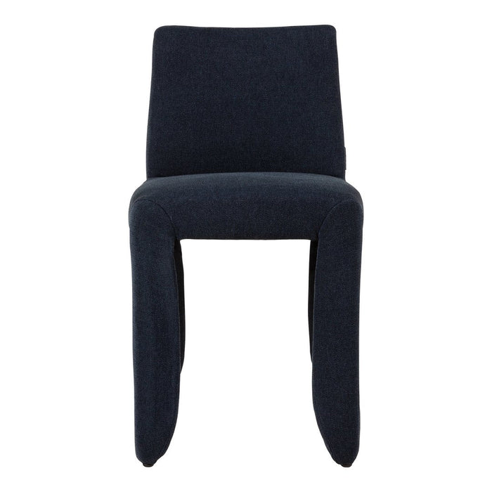 Dark blue upholstered chair with a sleek, minimalist design and no visible patterns. Ideal for modern decor.