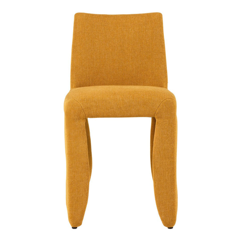 Stylish mustard yellow dining chair with subtle textured pattern and sleek design. Ideal for modern decor.