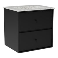 Black two-drawer nightstand with a speckled white granite top. Modern design with minimalist aesthetic.