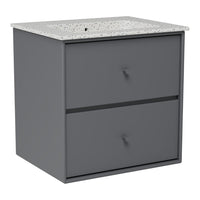 Gray two-drawer nightstand with a speckled white top. Modern design for versatile decor.
