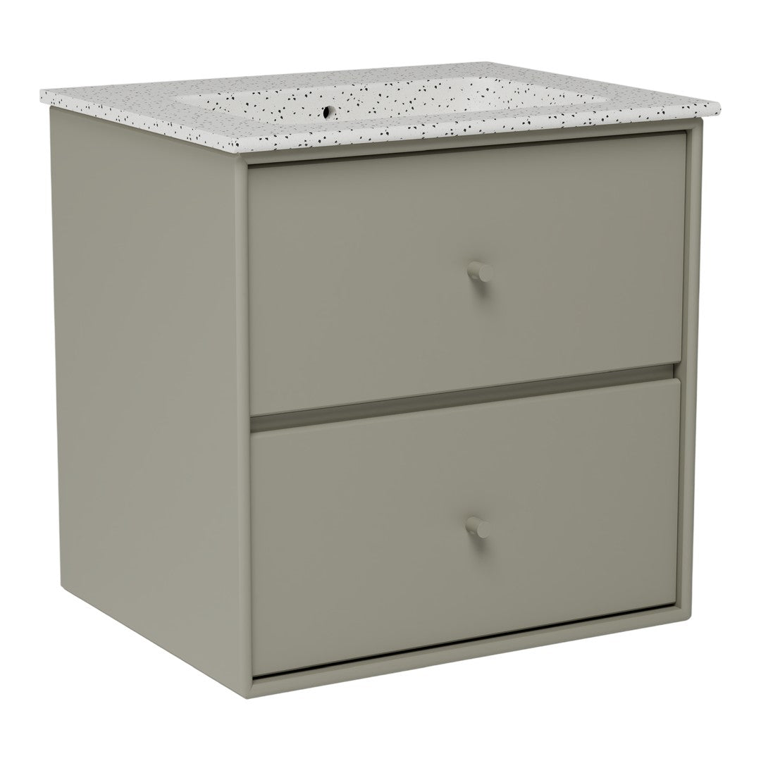 Light gray nightstand with a speckled white top and two smooth drawers. Modern and minimalist design.