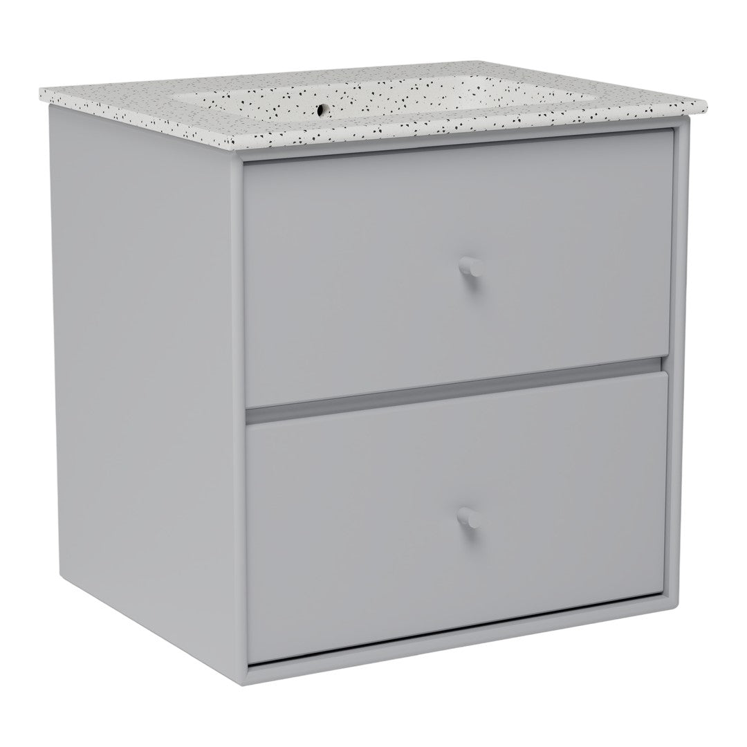 Gray storage cabinet with a speckled white top and minimalist drawer design. Perfect for modern decor.