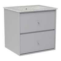Gray storage cabinet with a speckled white top and minimalist drawer design. Perfect for modern decor.