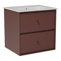 Brown wooden storage cabinet with a speckled white top and two smooth drawers. Ideal for modern decor.