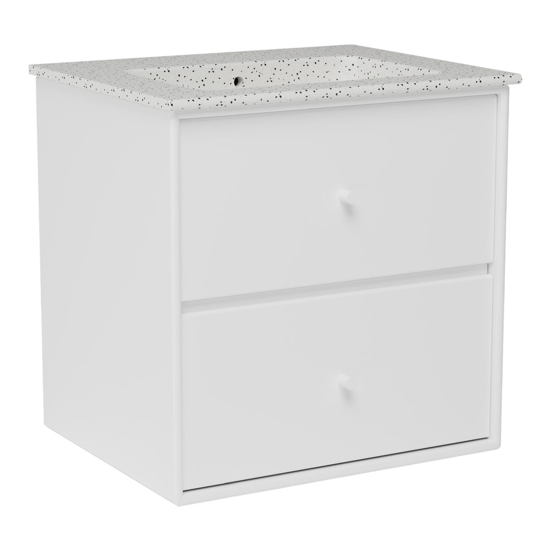 White two-drawer nightstand with a patterned top surface and smooth white knobs for a modern look.