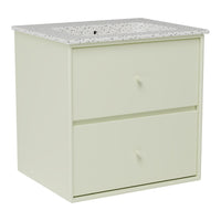 Light green two-drawer cabinet with a speckled white countertop pattern. Ideal for stylish storage solutions.