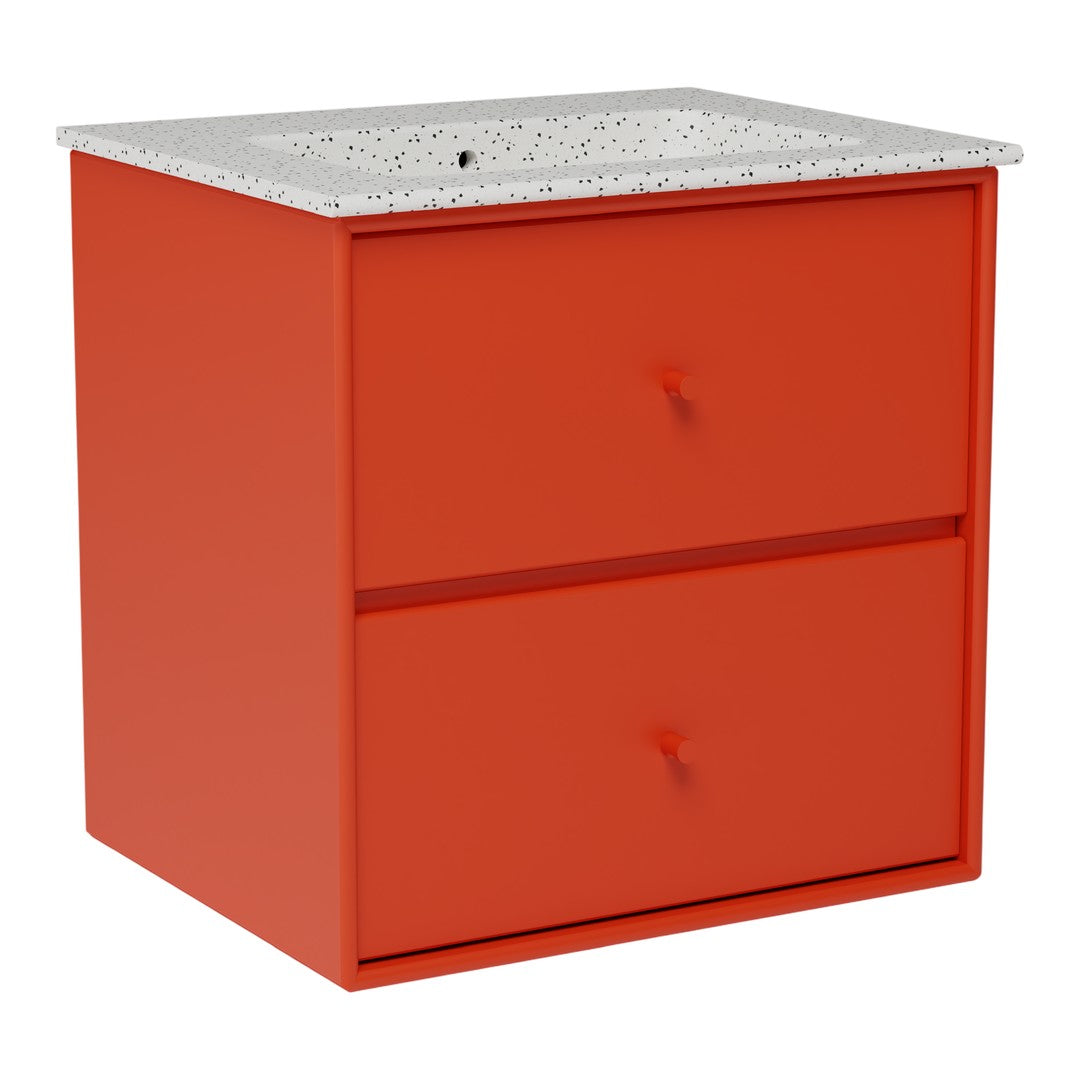 Vibrant orange nightstand with a speckled white top and matching drawer knobs.