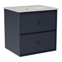 Navy blue two-drawer nightstand with a speckled white top. Modern design with sleek handles. Perfect for any room.