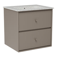 Gray two-drawer cabinet with a speckled white countertop design. Modern and stylish storage solution.