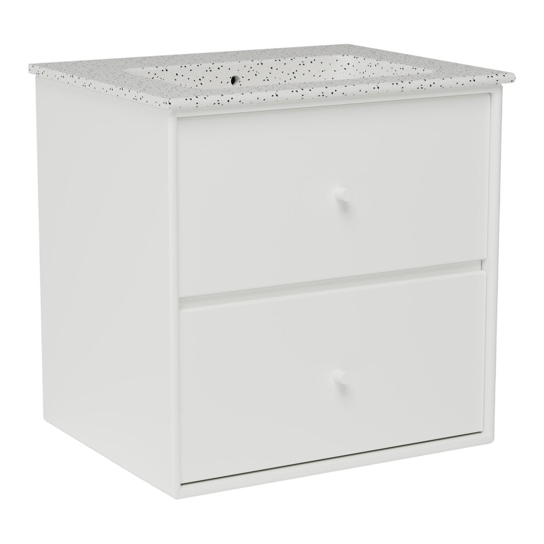 White cabinet with two drawers and a textured gray patterned top. Modern and minimalist design.