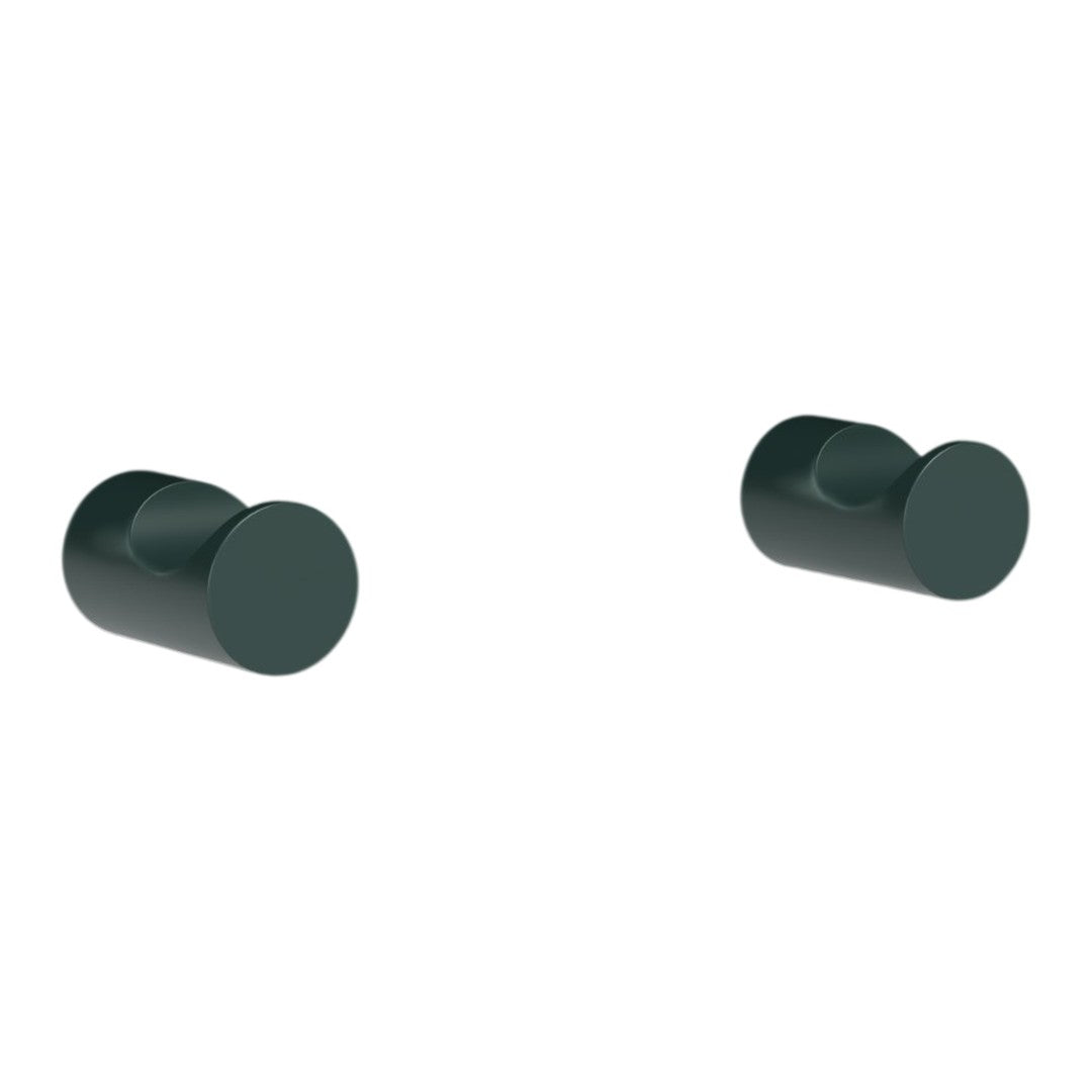 Pair of glossy dark green round wall hooks, sleek and modern design with a smooth finish. Perfect for minimalist decor.