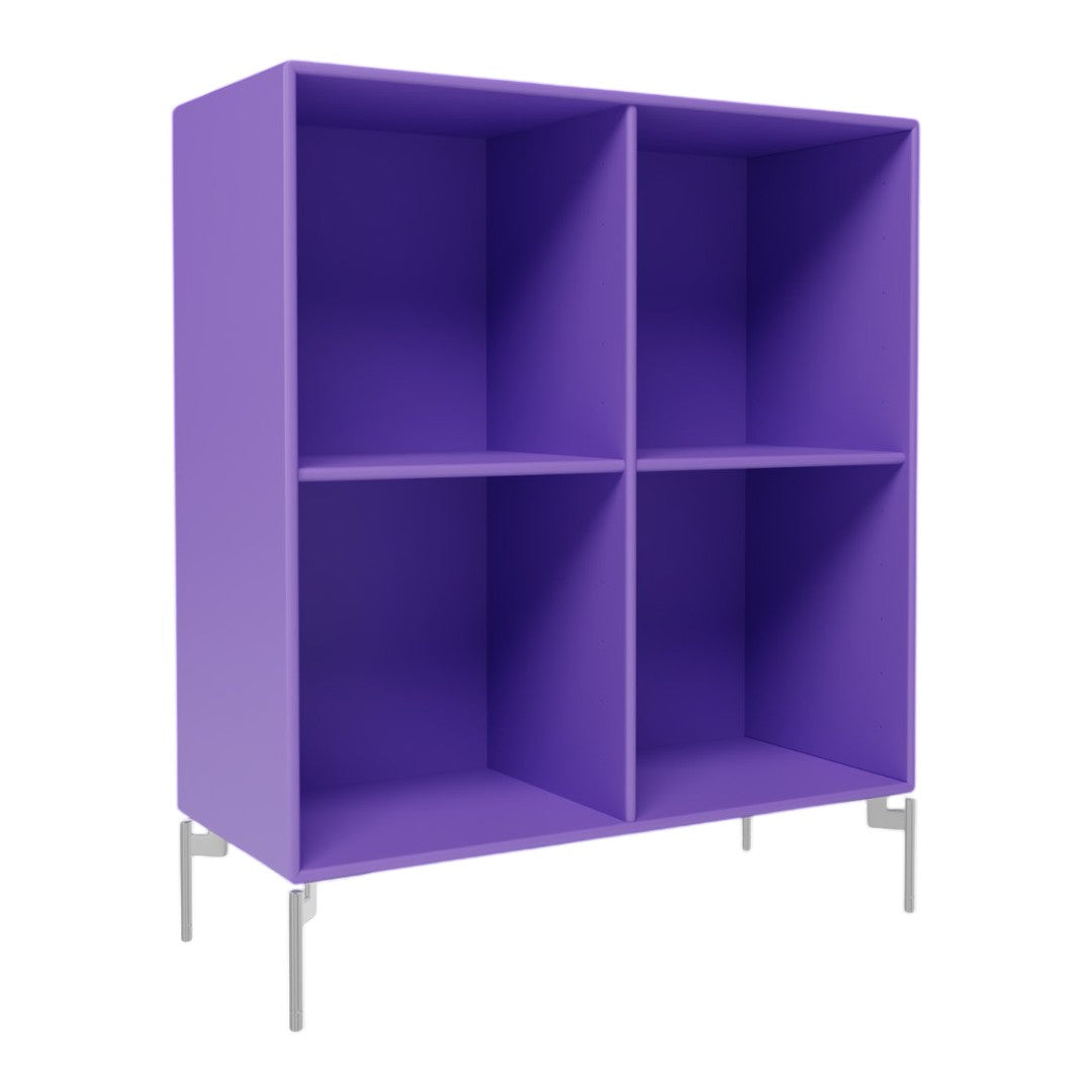 Purple four-cube storage shelf with a modern design and shiny silver legs. Perfect for colorful organization.