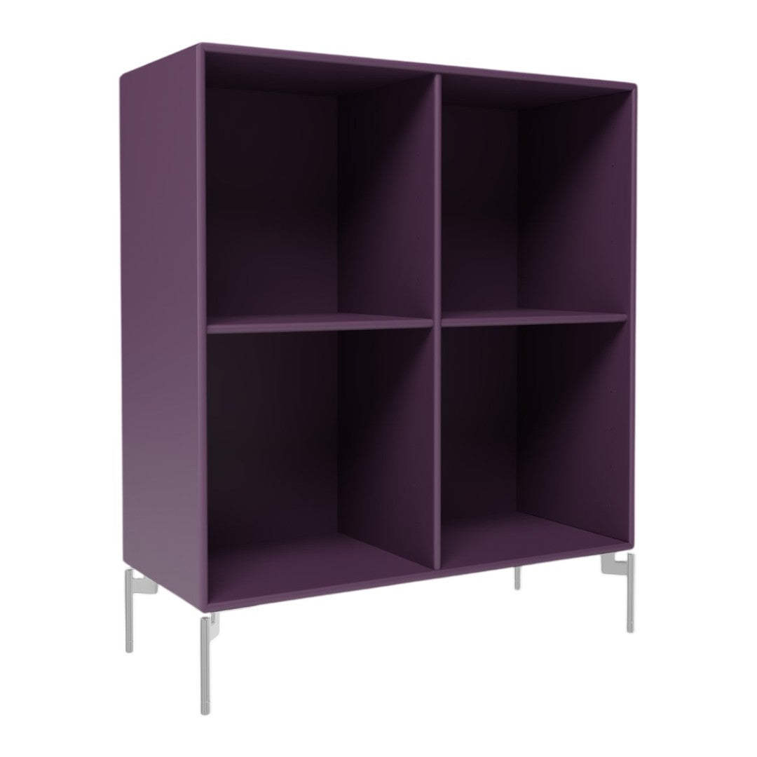 Purple cube shelf with a minimalist design and chrome legs. Ideal for modern decor and storage solutions.